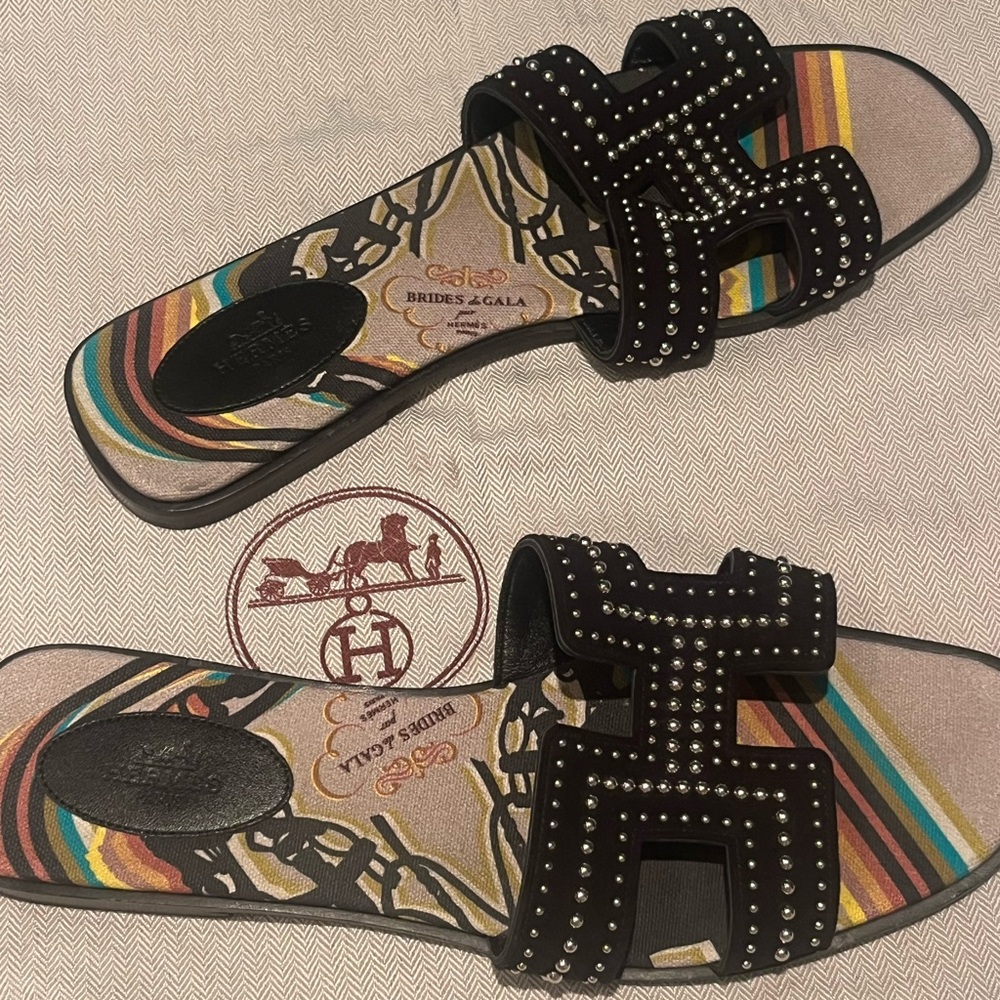Hermes Oran Suede Black Studded Sandals 42/12